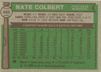 1976 Topps #495 Nate Colbert Back