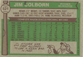 1976 Topps #521 Jim Colborn Back