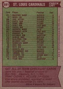 1976 Topps #581 St. Louis Cardinals / Red Schoendienst Back
