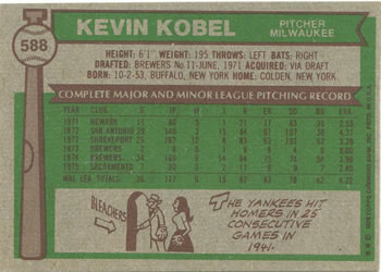 1976 Topps #588 Kevin Kobel Back