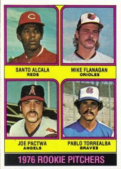 1976 Topps #589 1976 Rookie Pitchers (Santo Alcala / Mike Flanagan / Joe Pactwa / Pablo Torrealba) Front