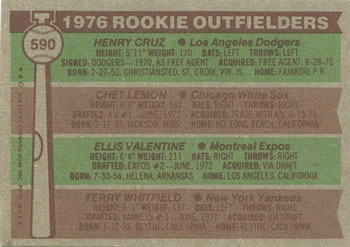 1976 Topps #590 1976 Rookie Outfielders (Henry Cruz / Chet Lemon / Ellis Valentine / Terry Whitfield) Back