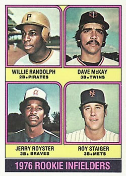 1976 Topps #592 1976 Rookie Infielders (Willie Randolph / Dave McKay / Jerry Royster / Roy Staiger) Front