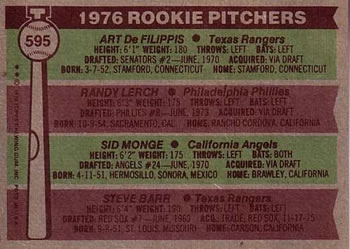1976 Topps #595 1976 Rookie Pitchers (Art DeFilippis / Randy Lerch / Sid Monge / Steve Barr) Back