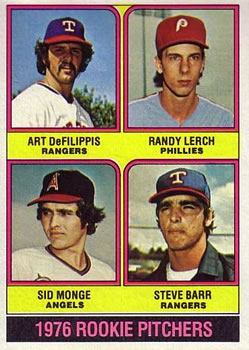 1976 Topps #595 1976 Rookie Pitchers (Art DeFilippis / Randy Lerch / Sid Monge / Steve Barr) Front