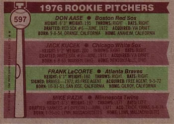 1976 Topps #597 1976 Rookie Pitchers (Don Aase / Jack Kucek / Frank LaCorte / Mike Pazik) Back