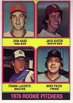 1976 Topps #597 1976 Rookie Pitchers (Don Aase / Jack Kucek / Frank LaCorte / Mike Pazik) Front