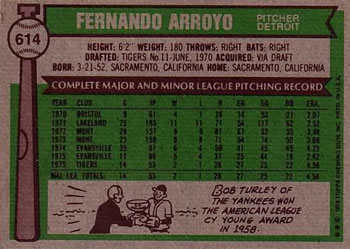 1976 Topps #614 Fernando Arroyo Back