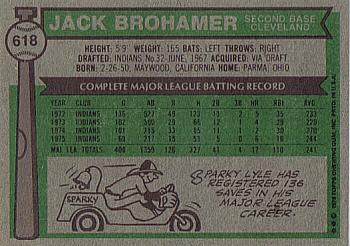 1976 Topps #618 Jack Brohamer Back
