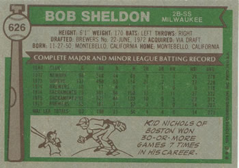 1976 Topps #626 Bob Sheldon Back