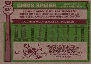 1976 Topps #630 Chris Speier Back