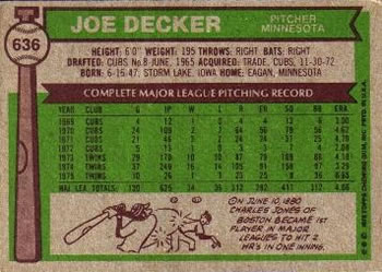 1976 Topps #636 Joe Decker Back