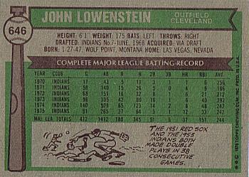 1976 Topps #646 John Lowenstein Back