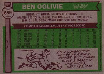 1976 Topps #659 Ben Oglivie Back