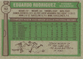 1976 Topps #92 Eduardo Rodriguez Back