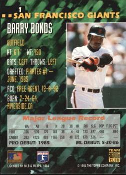 1994 Stadium Club Team - First Day Issue #1 Barry Bonds  Back