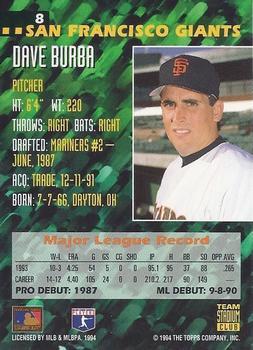 1994 Stadium Club Team - First Day Issue #8 Dave Burba  Back