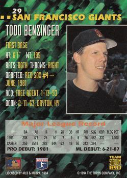 1994 Stadium Club Team - First Day Issue #29 Todd Benzinger  Back