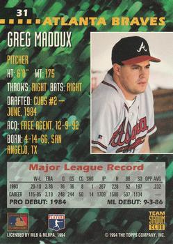 1994 Stadium Club Team - First Day Issue #31 Greg Maddux  Back