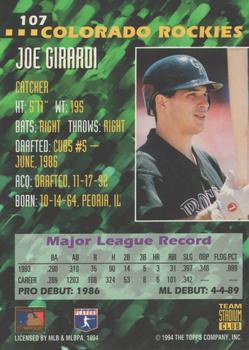 1994 Stadium Club Team - First Day Issue #107 Joe Girardi  Back