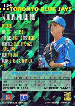1994 Stadium Club Team - First Day Issue #154 Woody Williams  Back
