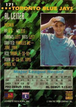 1994 Stadium Club Team - First Day Issue #171 Al Leiter  Back