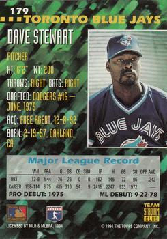 1994 Stadium Club Team - First Day Issue #179 Dave Stewart  Back