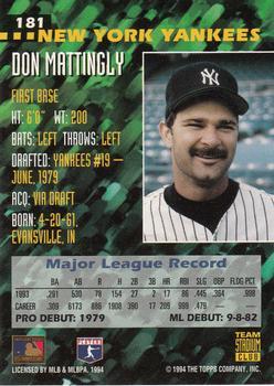 1994 Stadium Club Team - First Day Issue #181 Don Mattingly  Back