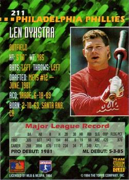 1994 Stadium Club Team - First Day Issue #211 Len Dykstra Back