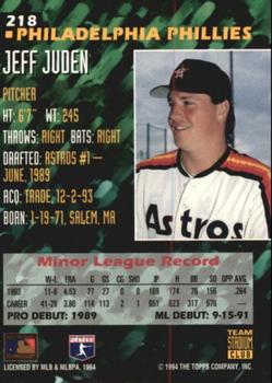 1994 Stadium Club Team - First Day Issue #218 Jeff Juden  Back