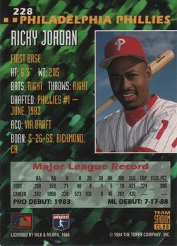 1994 Stadium Club Team - First Day Issue #228 Ricky Jordan  Back