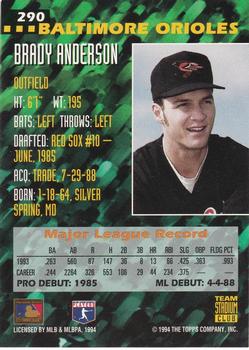 1994 Stadium Club Team - First Day Issue #290 Brady Anderson  Back