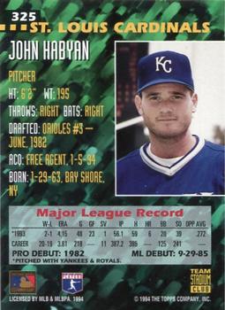 1994 Stadium Club Team - First Day Issue #325 John Habyan  Back