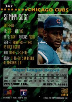 1994 Stadium Club Team - First Day Issue #347 Sammy Sosa  Back