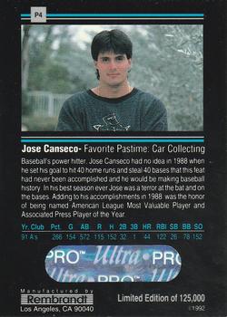 1992 Rembrandt Ultra-Pro Promos #P4 Jose Canseco Back