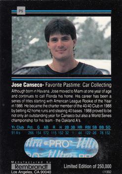 1992 Rembrandt Ultra-Pro Promos #P5 Jose Canseco Back