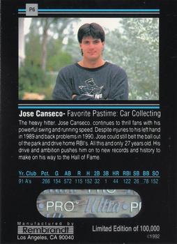 1992 Rembrandt Ultra-Pro Promos #P6 Jose Canseco Back