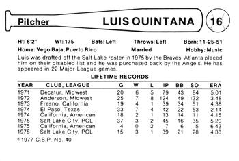 1977 Cramer Salt Lake City Gulls #40 Luis Quintana Back