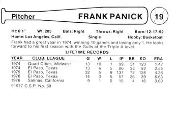 1977 Cramer Salt Lake City Gulls #69 Frank Panick Back