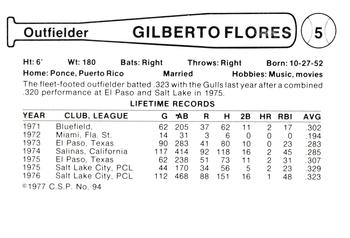 1977 Cramer Salt Lake City Gulls #94 Gilberto Flores Back