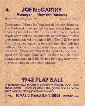 1983 TCMA 1942 Play Ball #4 Joe McCarthy Back