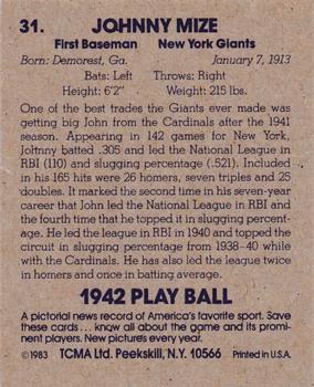 1983 TCMA 1942 Play Ball #31 Johnny Mize Back