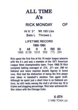 1986 TCMA All-Time Oakland Athletics - Color #6-ATH Rick Monday Back