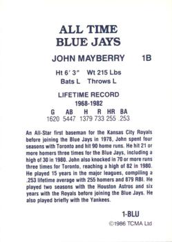 1986 TCMA All-Time Toronto Blue Jays - Color #1-BLU John Mayberry Back