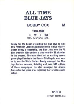 1986 TCMA All-Time Toronto Blue Jays - Color #12-BLU Bobby Cox Back