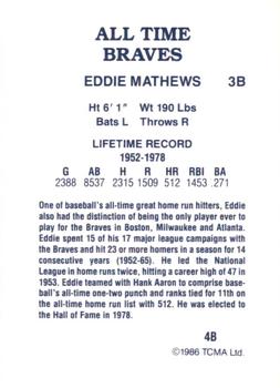 1986 TCMA All-Time Atlanta Braves #4B Eddie Mathews Back