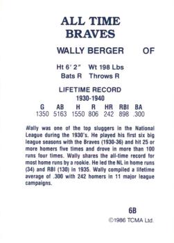 1986 TCMA All-Time Atlanta Braves #6B Wally Berger Back