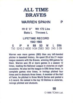 1986 TCMA All-Time Atlanta Braves #9B Warren Spahn Back