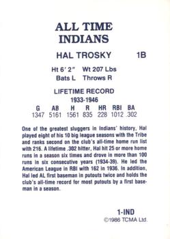 1986 TCMA All-Time Cleveland Indians - Color #1-IND Hal Trosky Back