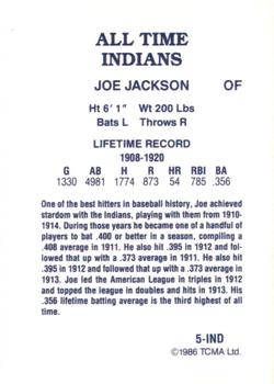 1986 TCMA All-Time Cleveland Indians - Color #5-IND Joe Jackson Back